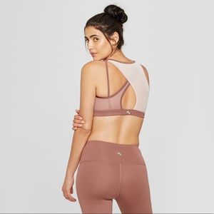 JOYLAB Asymmetrical Mesh Back Sport Bra Rose Taupe